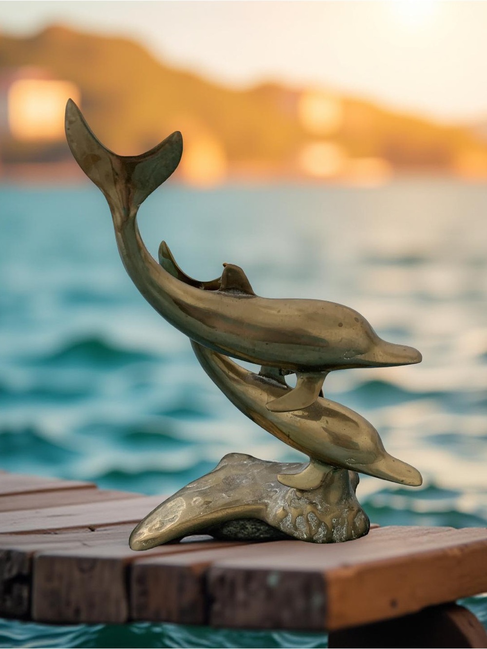 Brass Dolphin Pair Sculpture - Coastal Accent in Brass Finish